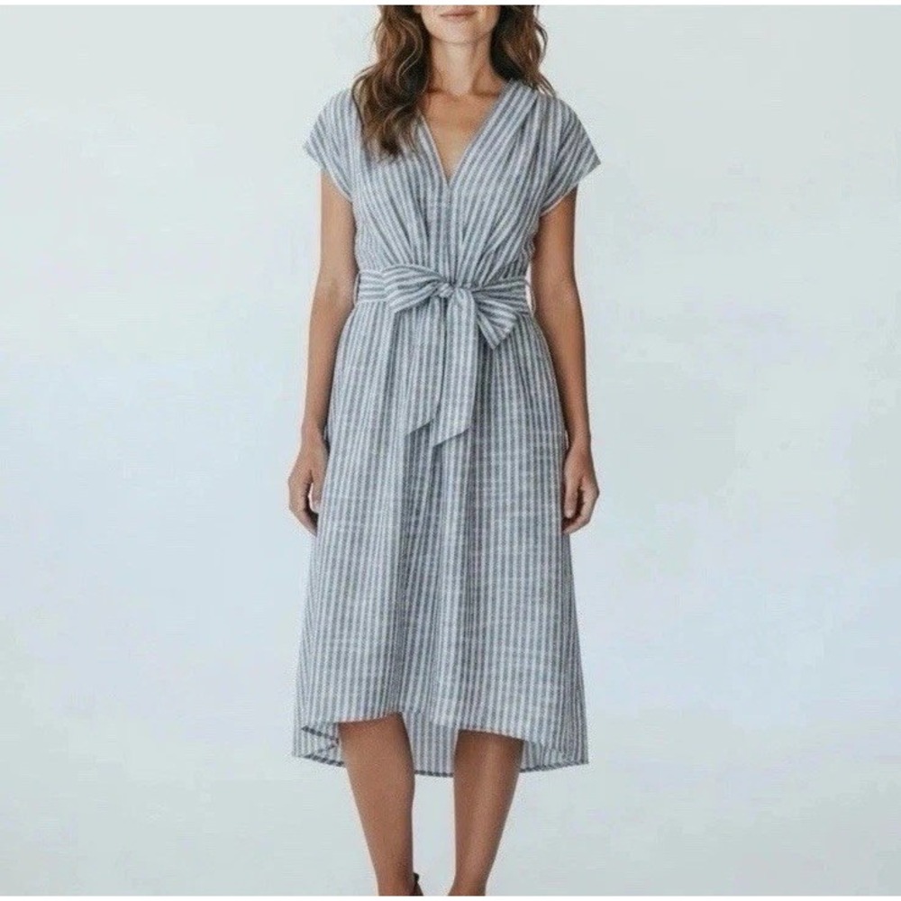 Max Studio‎ London Blue White Stripe Wrap Dress Hi Low Sleeveless Size S